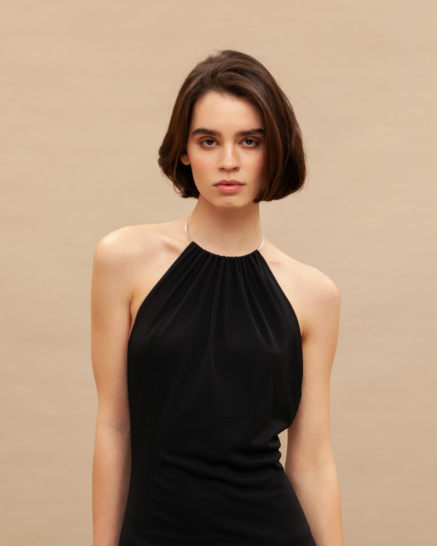 Jersey halter dress with metal hoop