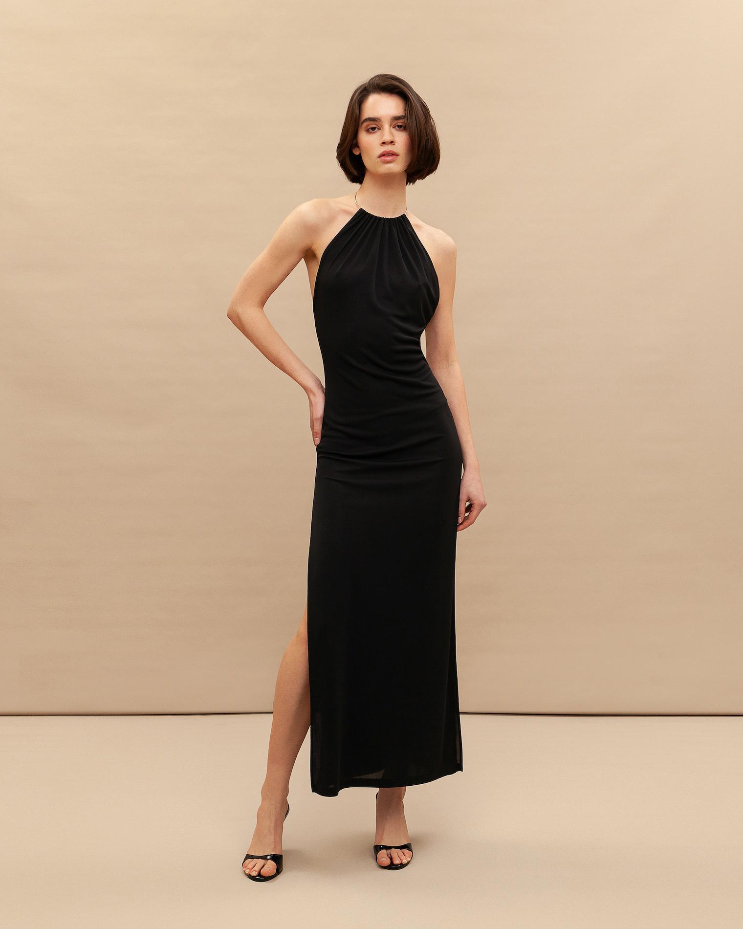 Jersey halter dress with metal hoop