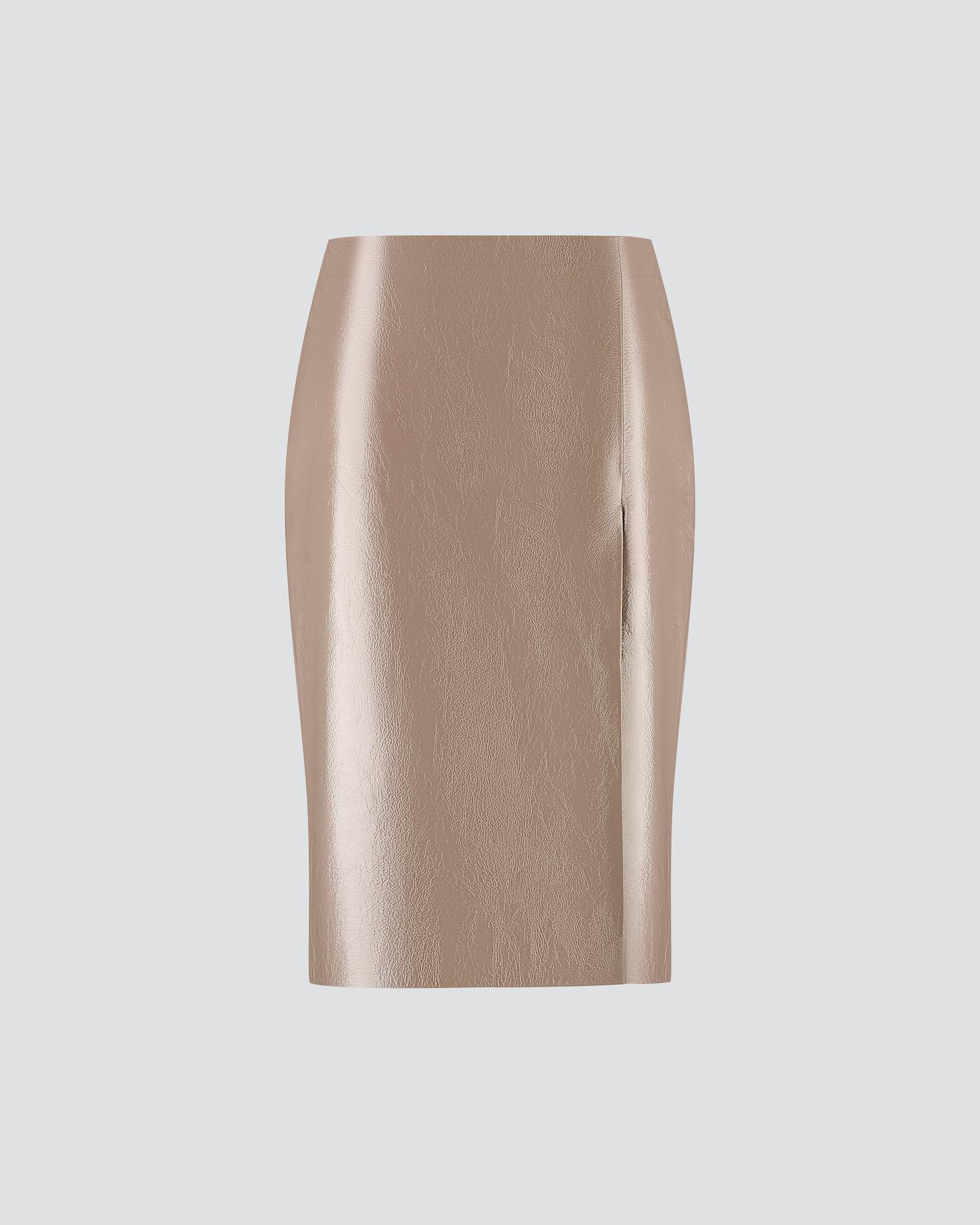 Patent leather midi skirt with side slit