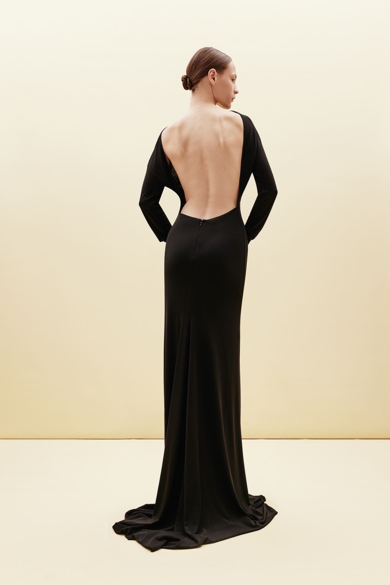 Jersey maxi dress with open back and train